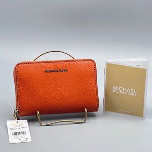 Michael Kors Jet Set Orange Punch Small Zip Around Card Case Wallet NEW
